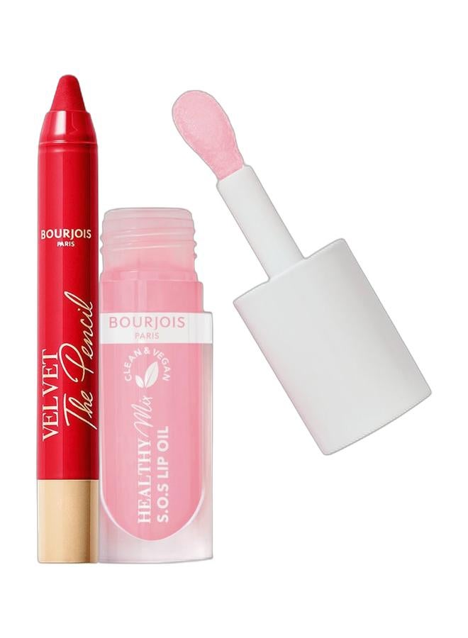 BOURJOIS PARIS Velvet the Pencil - 07- Rouge Es-Carmin 3g & Healthy Mix Clean S.O.S Lip Oil - 01 - Douceur de Rose, 4.5ml Bundle - Image 1